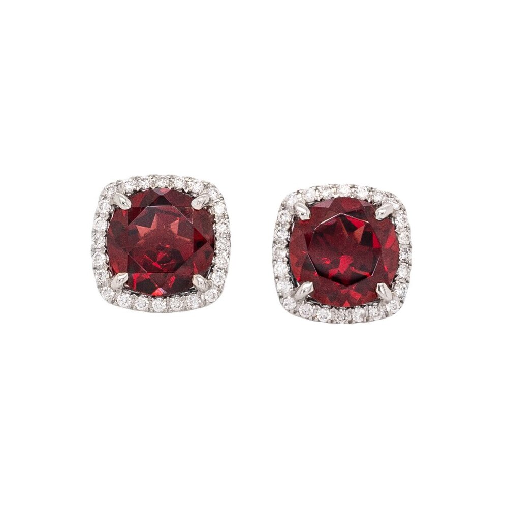 Red Garnet Stud Earrings in Solid 14K White Gold with Natural Diamond Halo